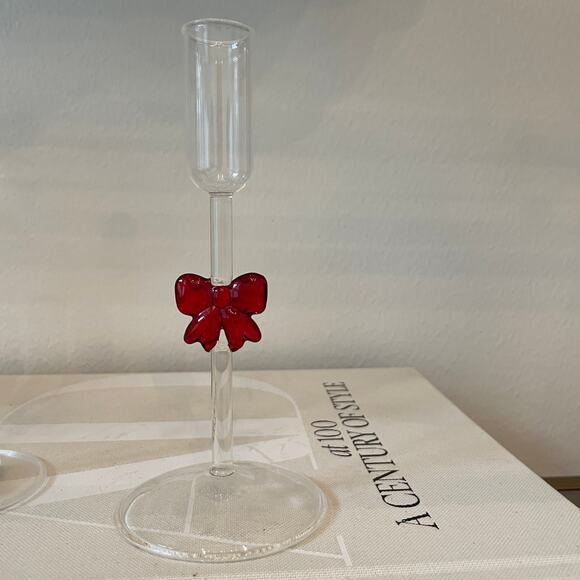 Red Bow Glass Taper Candle Holders 7in Set of 2 Holiday Glam NEW - Picture 9 of 9